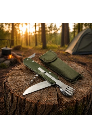 Knivox Çok Fonksiyonlu Paslanmaz Çelik Kamp Çakısı - Çatal Kaşık Açacaklı Outdoor Set Haki