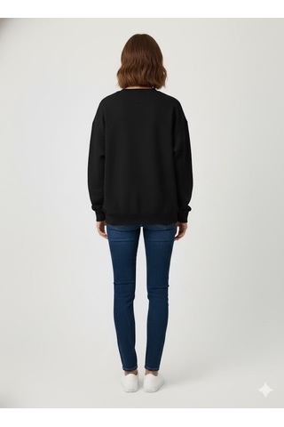 Afri Siyah Oversize Ayıcık Baskılı Kaşkorse Ribanalı 3 İplik Sweatshirt Siyah