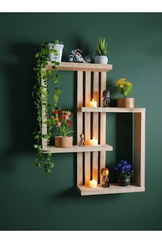Delmeden Montaj Ahşap Duvar Rafı - 60x50 Cm Çift Taraflı Bant Uyumlu Modern Raf Bej