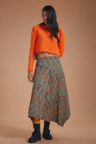 Etnik Desenli Biye Detaylı Asimetrik Kesimli Etek Yeşil