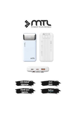 10000 Mah 22.5w Süper Hızlı Şarj Dahili Kablolu Dijital Led Göstergeli Pd Ve Qc 3.0 Powerbank Mt4310 Beyaz