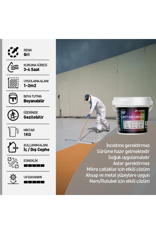 Alkoru 1 Kg Likit Membran Renkli Reçine Esaslı Sıvı Su Yalıtım Malzemesi Gri