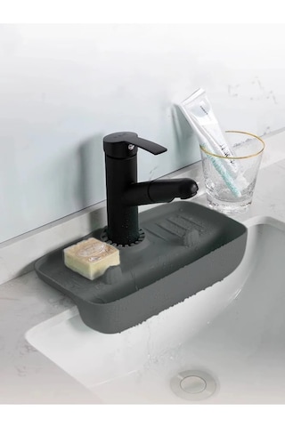 Gri Musluk Düzenleyici Evyelik Mutfak Lavabo Tezgah Üzeri Bölmeli Organizer Gri
