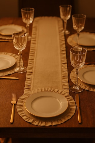 Fırfırlı Runner Ve Supla Takımı - Masa Örtüsü Takımı 7 Parça 145x40 Bej