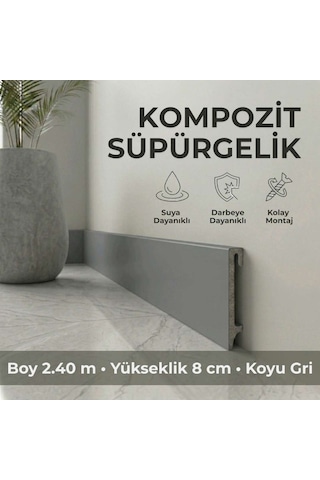 Espumo Kompozit Süpürgelik 8 cm Koyu Gri | Suya Dayanıklı Parke Duvar Süpürgelik 2,40 m ESP203