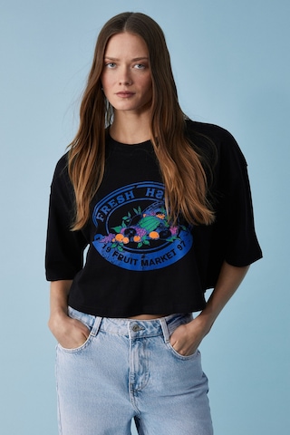 Ethıquet Ahrı Kadın Relaxed Fit Bisiklet Yaka Baskılı Siyah T-shirt