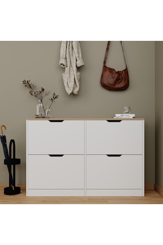 İsan Düşer Kapak 4 Bölmeli Ayakkabılık Beyaz-ceviz 120 Cm Ceviz - Beyaz