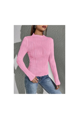 Fashion's Kadın Pembe Elastanlı Mendil Ovarlok Yuvarlak Yaka Uzun Kollu Bluz Pembe