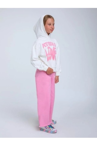 Kız Çocuk Kapüşonlu Love Yazılı Sweatshirt-14315 Beyaz