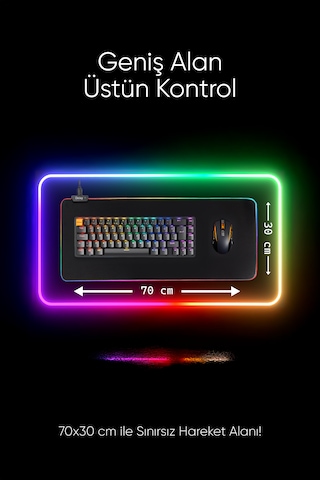 Rgb 13 Değişen Ledli Düz Siyah 70x30 Cm Gaming Oyuncu Su Geçirmez Mousepad Işıklı Mouse Pad Siyah