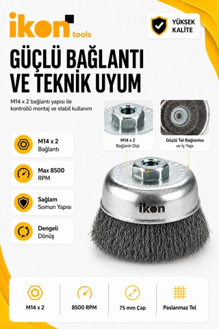 Paslanmaz Saçaklı Çanak Fırça 75 Mm M14x2 Spiral Uyumlu Pas Boya Çapak Temizleme Fırçası