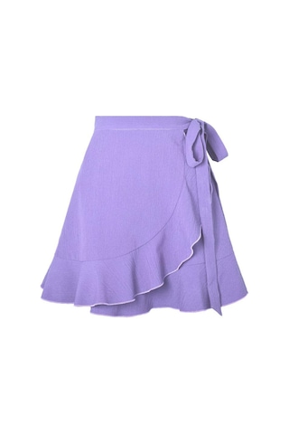 Yaz Kravat Yüksek Bel Düz Renk Fırfırlı Kısa Yarım Vücut Etek Mor