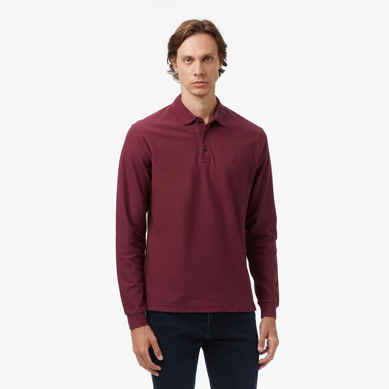 Nautica Erkek Bordo Classic Fit Uzun Kollu Polo Yaka T-shirt Düz K57351t Bordo