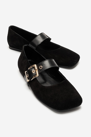 Luvi Shoes Jonas Siyah Süet Hakiki Deri Kemerli Kadın Babet Ayakkabı