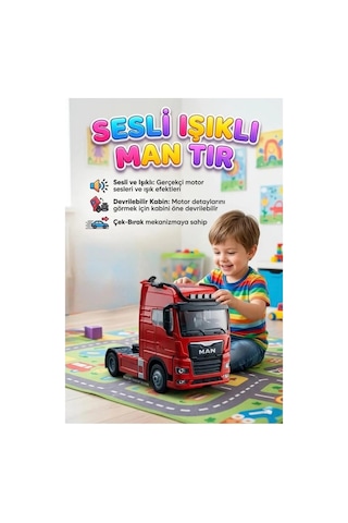 Işıklı Sesli Pilli Çek Bırak Man Metal Oyuncak Tır Kırmızı Kırmızı