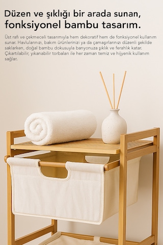 Çekmeceli Bambu Çamaşır Sepeti - Banyo Düzenleyici Organizer Raflı Natural Kirli Çamaşır Sepeti Bej