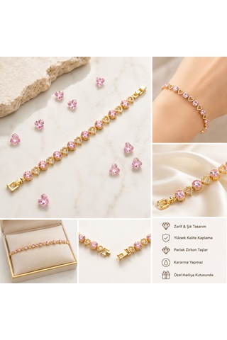 Pembe Taşlı Kalp Detaylı Kadın Bileklik Altın - Pembe