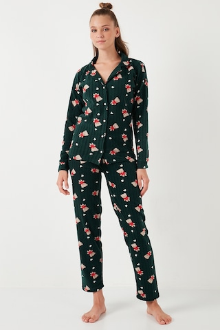 Lela Standart Fit Düğmeli Polarlı Bayan Pijama Takımı 6095615 Yeşil