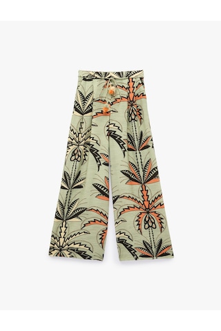 Koton Viskon Kumaş Pile Detaylı Cepli Kemerli Floral Desenli Geniş Paça Pantolon Yeşil Desenli 6sak40202ew