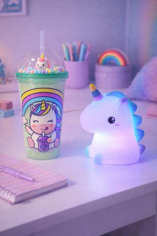 2'li Set Işıklı Renkli Unicorn Figürlü Gece Lambası & Pipetli Boncuk Detylı Suluk Bardak Yeşil 450ml Çok Renkli