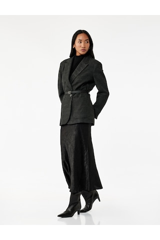 Koton Balık Form Slim Fit Dokulu Saten Midi Etek Siyah 7wak70008pw