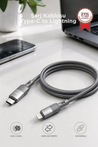 Şarj Kablosu Type-c To Lightning Data Kablo U18 Gri Bağlantı Hattı Akıllı Cihaz Aktarım Ucu