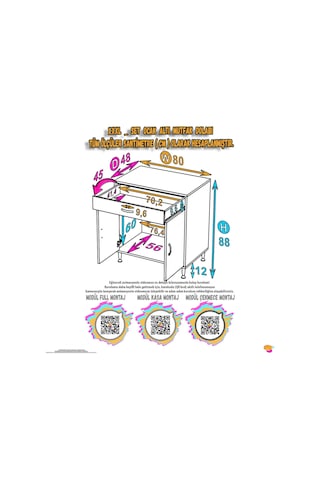Eliusta Lumin Tüp Yuvalı 80 Cm Ankastre Ocak Altı Dolap 80x88x48 Cm Beyaz Dolap Çekmeceli Mutfak Organizeri Beyaz