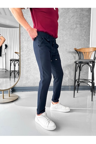 Modefendi İp Ve Düğme Detaylı %100 Gofre Kumaş Jogger Pantolon Lacivert