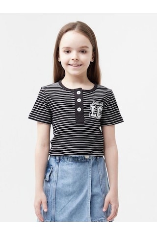 Zekids Kız Çocuk Lc Aplikeli Çizgili Crop T-shirt-13940 Siyah