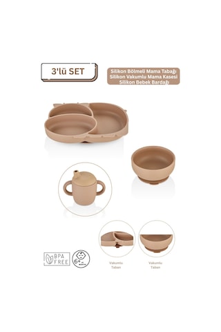3'lü Silikon Bebek Beslenme Seti / Bölmeli Mama Tabağı / Mama Kasesi / Bebek Bardağı- Moka Mocca