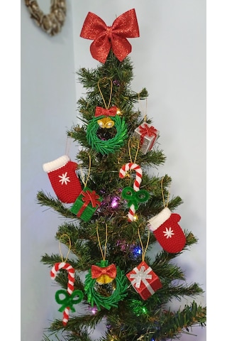 Yılbaşı Süsü Seti 10 Lu Set - Baston Şeker, Eldiven, Hediye Paketi, Fiyonk, Çelenk 010