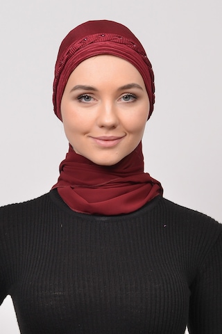 Altobeh Pileli Saç Örgülü Boncuklu Gül Detaylı Saten Tesettür Bone Şal - Bordo