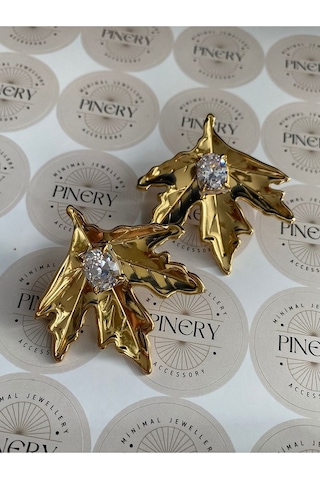 Pinery Jewels İri Taşlı Yaprak Paslanmaz Çelik Kadın Küpe Çifti Altın