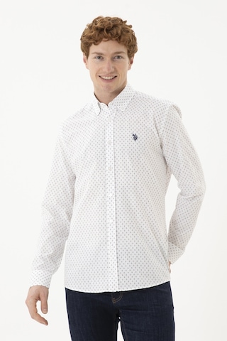 U.S. Polo Assn. Erkek Bej Baskılı Beyaz Gömlek 50288677-VR085