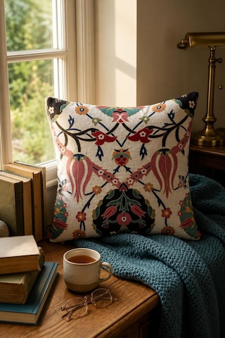 Premium Goblen Nakış Kırlent Kılıf 40 Cm X 40 Cm - 1 Adet Acı Kahve - Pembe