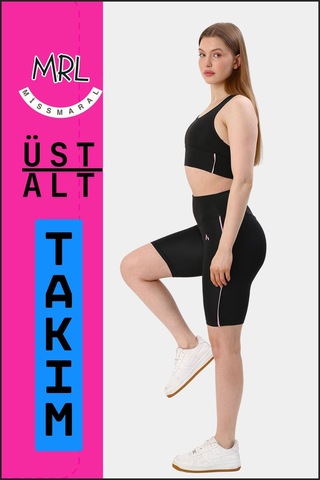 Kadın Siyah Takım Alt-üst Kısa Şort-tayt Ve Pedli Sporcu Büstiyer 2li Set Lila Biyeli Elt3043 Siyah Lila