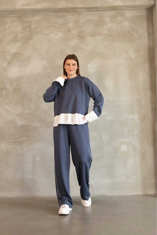 Evoa Kadın Mavi Oversize Gömlek Ve Biye Detaylı İkili Takım İndigo