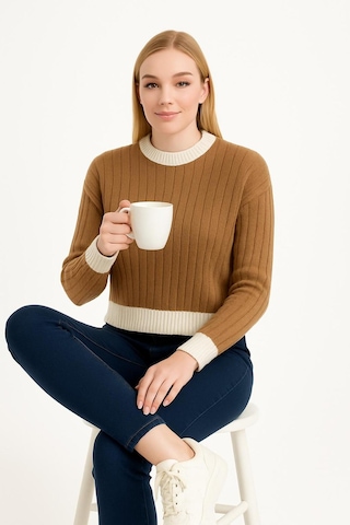 Hira Life Fashion Kadın Bisiklet Yaka Fitili Ve Şerit Detaylı Crop Triko Kısa Kazak Vizon Vizon