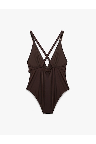 Koton Aksesuarlı Derin V Yaka Arkası Çapraz Askılı Mayo Kahverengi 5sak20044mm Kahve