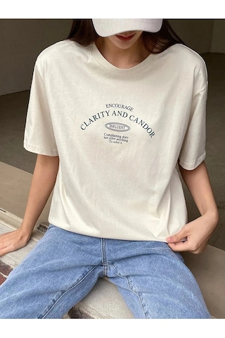 Clarity And Candor Baskılı Unisex Oversize T-shirt Bej