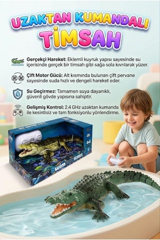 Uzaktan Kumandalı Işıklı Timsah - 2.4 Ghz Su Geçirmez Rc Yüzen Timsah 35 Cm