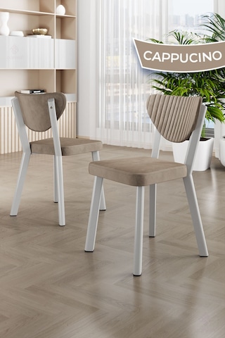Canisa Agnes Serisi 90x90 Yuvarlak Beyaz Masa Takımı Ve 4 Cappucino Sandalye Masa Beyaz Sandalyeler Cappucıno