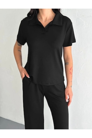 Mzpkartan Osy Modal Yumuşak Dokulu Kumaş Kısa Kollu Yakalı T-shirt Pantalon İkili Takım- Siyah Siyah