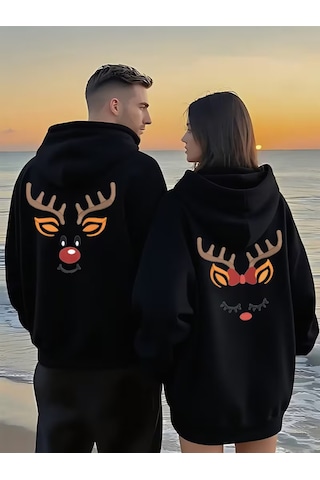 Nevermind Sevgili Çift Kombin Hoodie Geyik Baskılı Çift Kapüşonlu Sweatsh Siyah