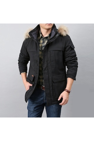 Xinxin Kapüşonlu Kalınlaştırılmış Orta Boy Kaban,siyah Siyah