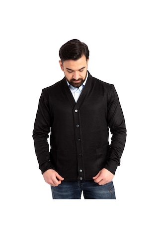 Erkek Orta Yaş ve Üzeri İnce Yün Akrilik Triko Örgü Düğmeli Baba Hırka 5100-Siyah