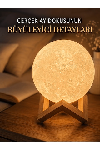 3d Ay Gece Lambası Ahşap Standlı Dekoratif Led Masa Lambası Siyah
