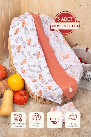Luckka Dijital Baskılı 3'lü Müslin Örtü Seti - 75x75 Cm - Zt5000 Turuncu Turuncu