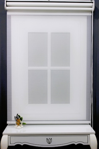 Çift Mekanizmalı Çizgili Tül & Mat Beyaz Stor Perde % 80 Işıgı Ke