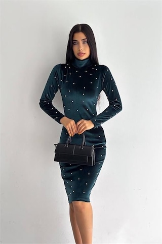 Dip Moda Kadın İnci Detaylı Mini Kadife Elbise Kklf77 - Yeşil Yeşil